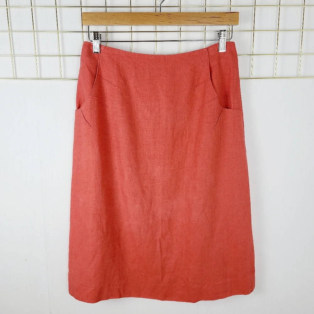 Sonia Rykiel Paris Coral Orange Linen Straight Pencil Vintage Skirt